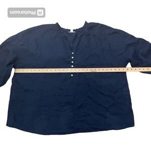 I. Jill Plus Size Love Linen 100 Percent Linen Ruffled Neck Navy Blouse Size 3X